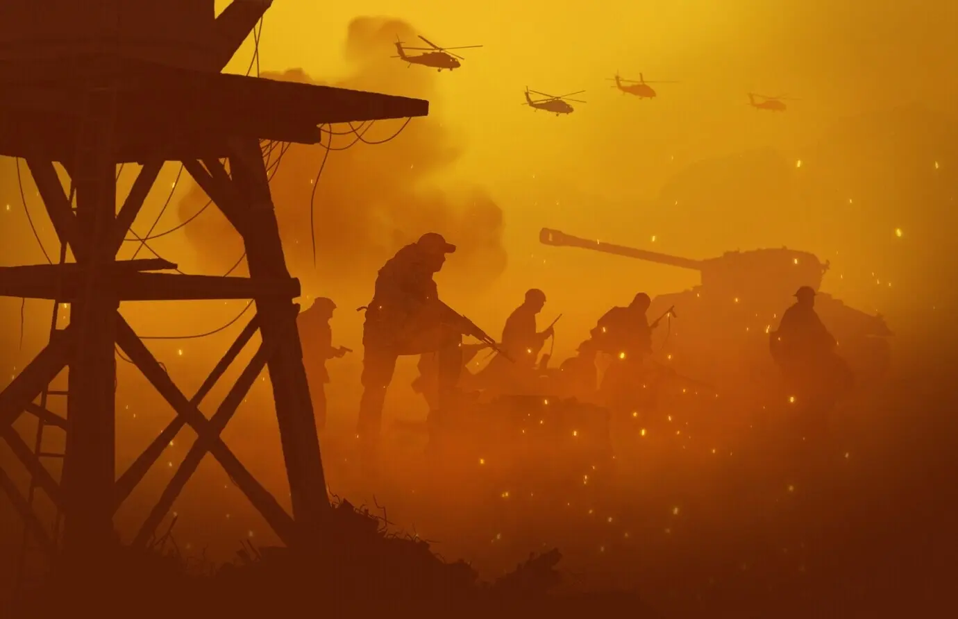 Eine Kriegs- und Konfliktlandschaft, in der Menschen kämpfen.