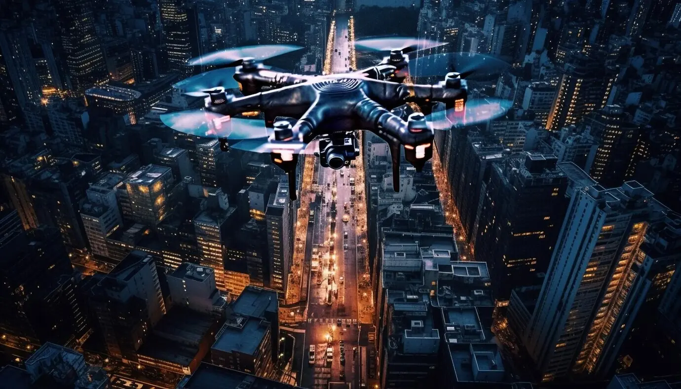 Eine Drohne fliegt über einer Stadt, und über ihr am Himmel stehen die Worte „Fliege am Himmel“.