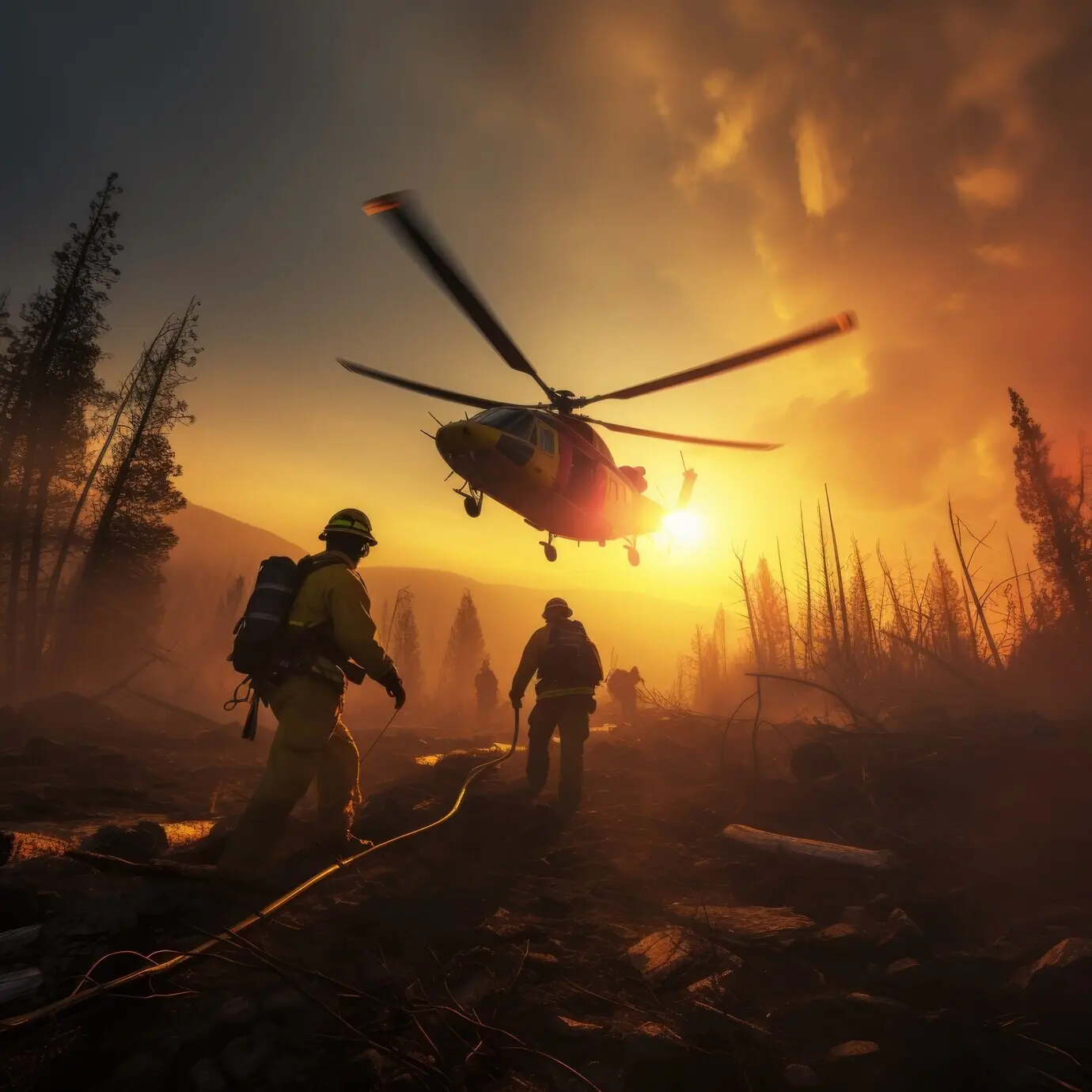 Ein Hubschrauber versucht, einen Waldbrand zu löschen.